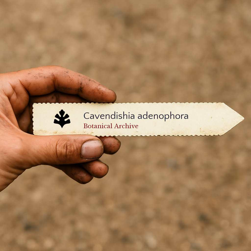 Printed plant label for Cavendishia adenophora with botanical archive logo held by hand