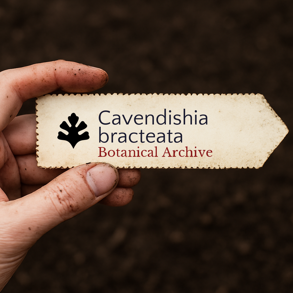 Etichetta del Botanical Archive stampata per Cavendishia bracteata su sfondo di terra