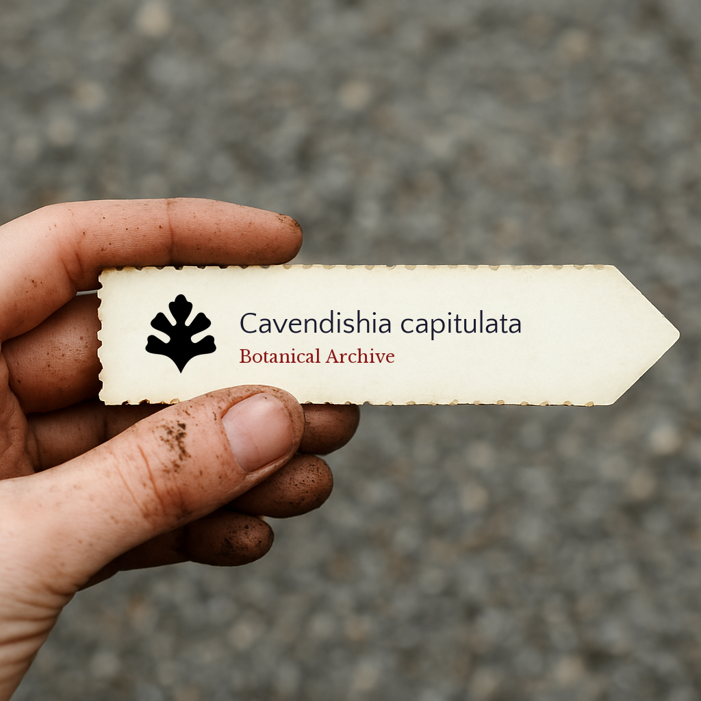 Etichetta per pianta stampata per Cavendishia capitulata tenuta da mano sporca all'aperto