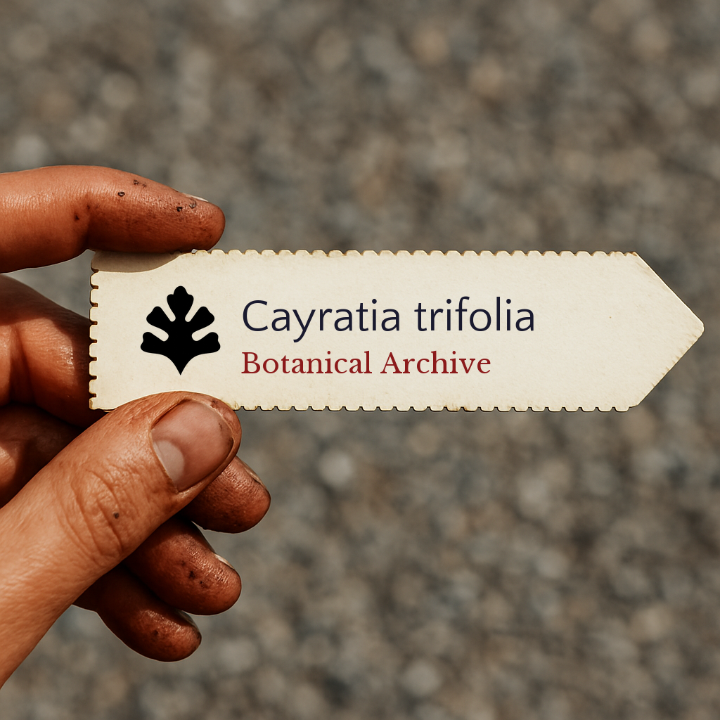 Printed plant label for Cayratia trifolia held by hand with dirt on fingers