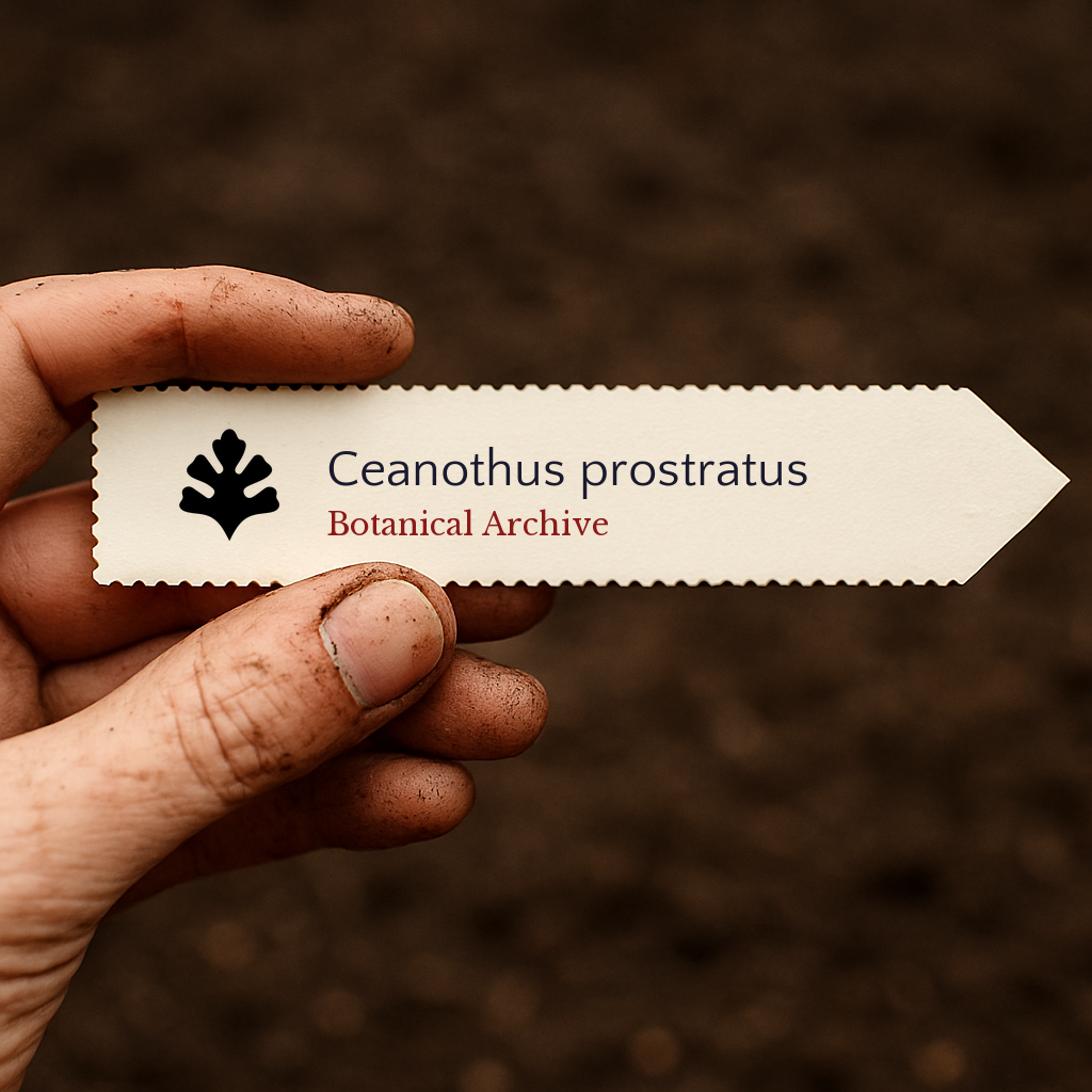 Printed plant label for Ceanothus prostratus held by dirty hand against soil background