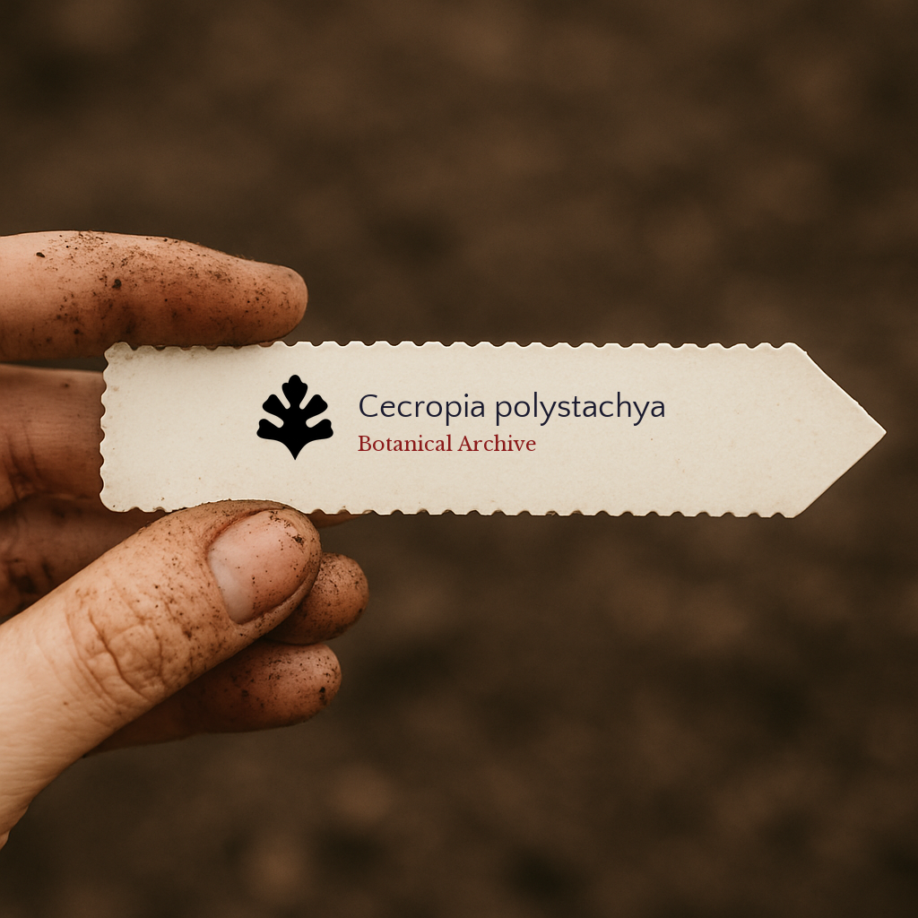 Printed plant label for Cecropia polystachya held by dirty hand against soil background