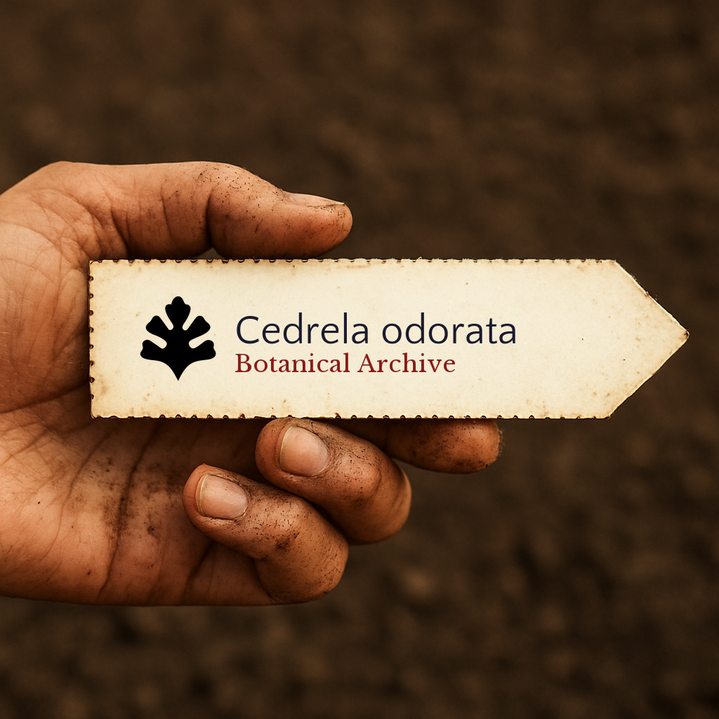 Printed botanical archive label for Cedrela odorata held by dirty hand over soil background