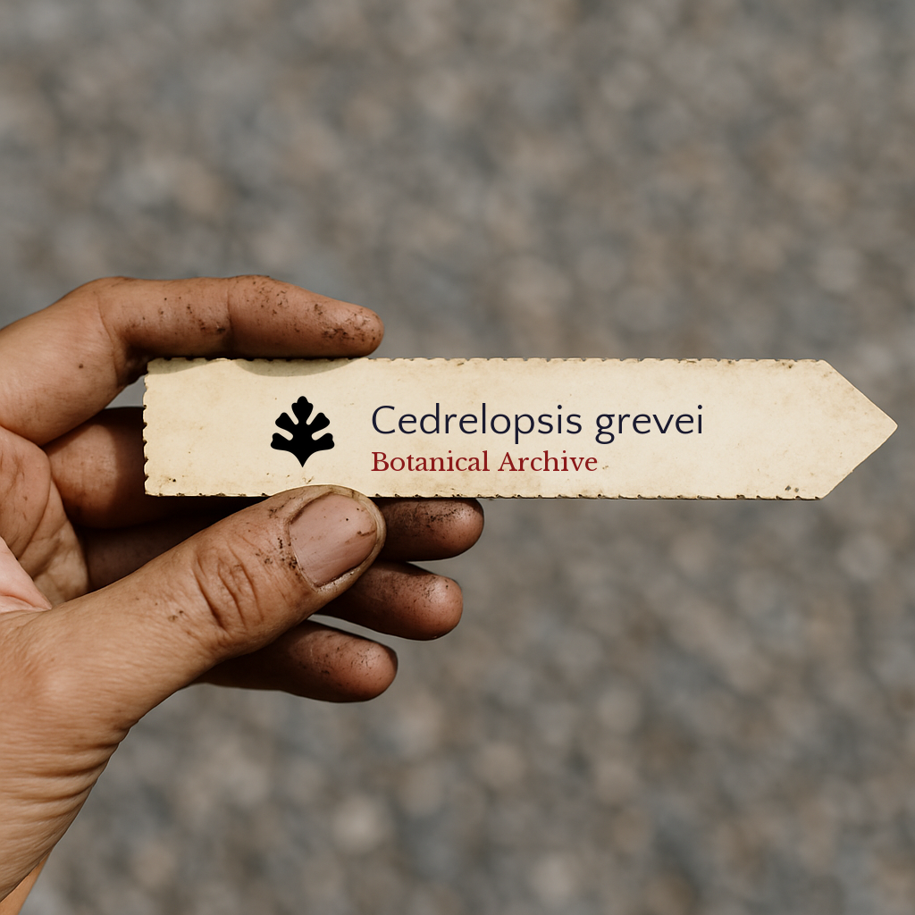 Printed plant label for Cedrelopsis grevei held by dirty hand outdoors