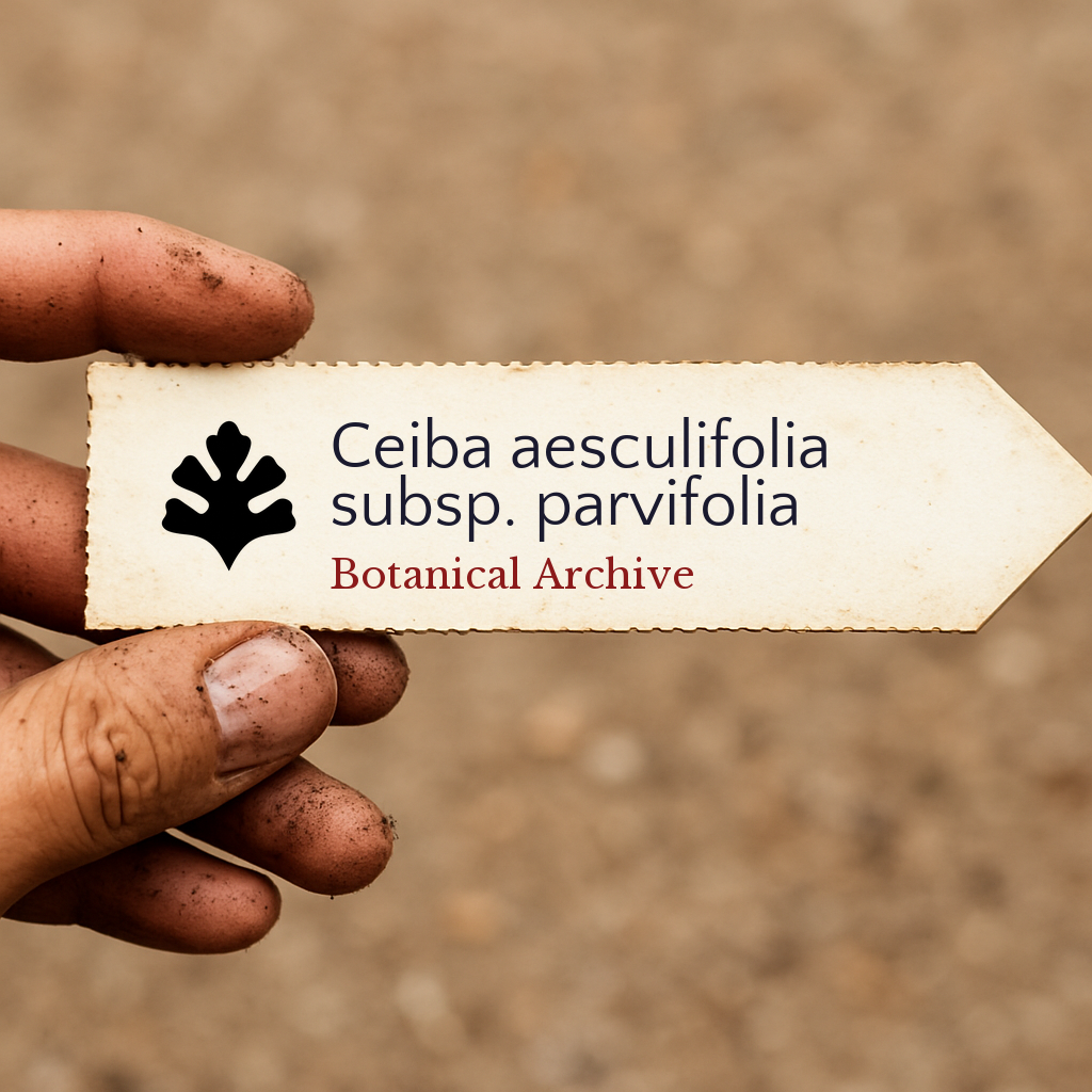 Etichetta stampata per pianta di Ceiba aesculifolia subsp. parvifolia tenuta da una mano sporca all'aperto