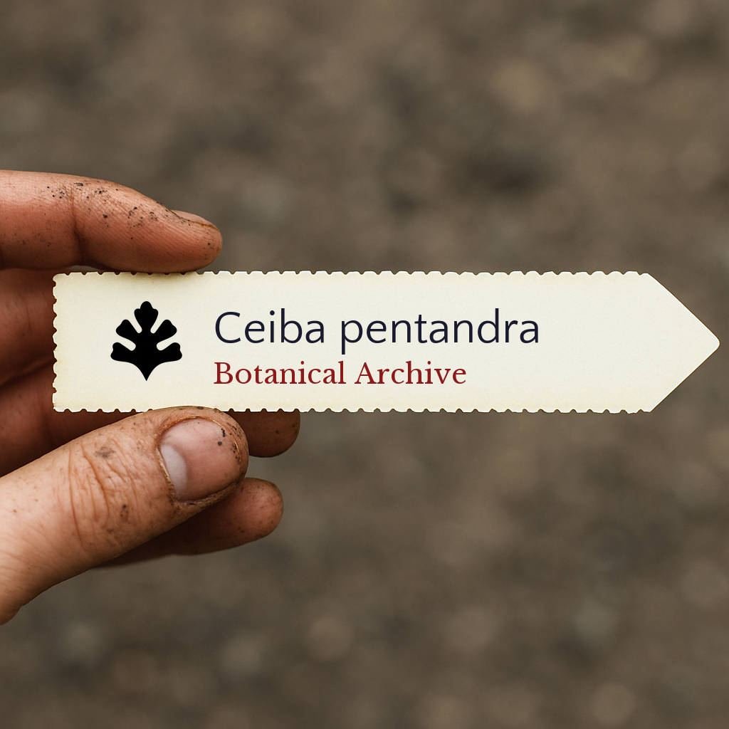 Printed plant label for Ceiba pentandra held by dirty hand against blurred background