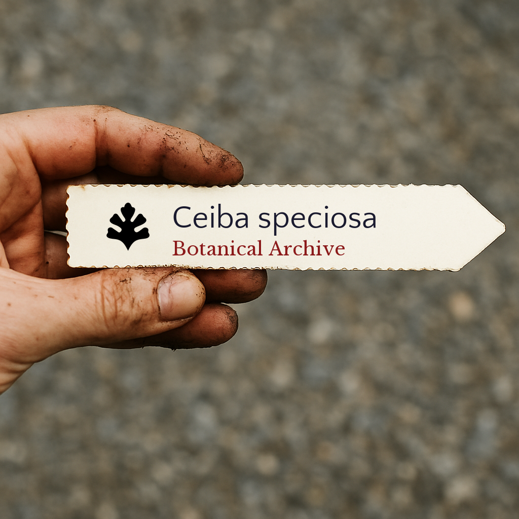 Printed plant label for Ceiba speciosa held by dirty hand on gravel background
