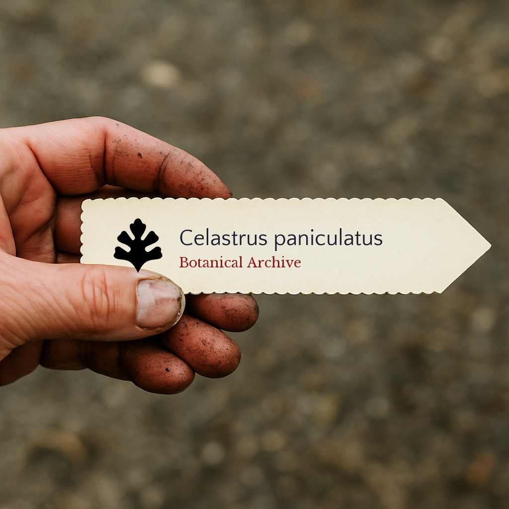 Printed plant label for Celastrus paniculatus held by dirty hand outdoors