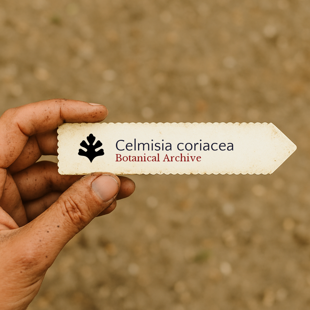 Printed plant label for Celmisia coriacea with botanical archive logo held in hand