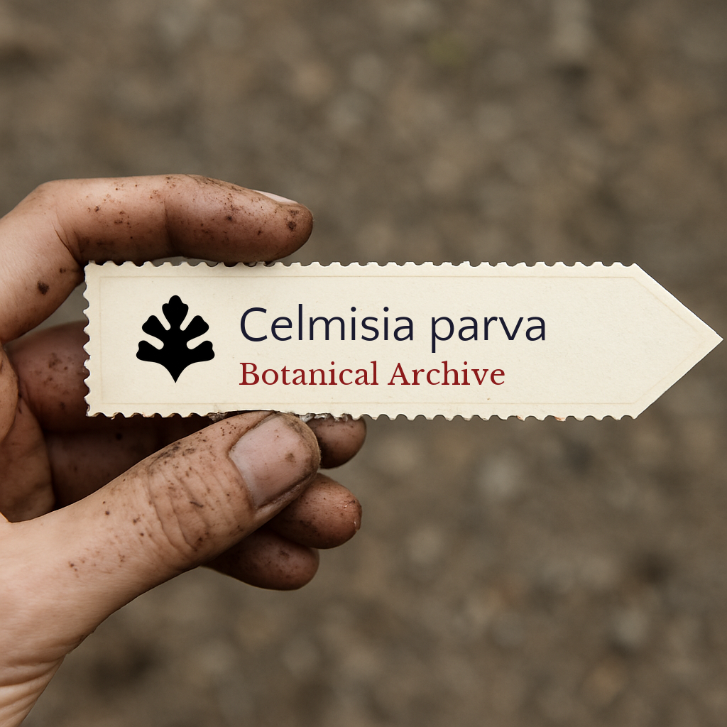 Printed plant label for Celmisia parva held by dirty hand outdoors
