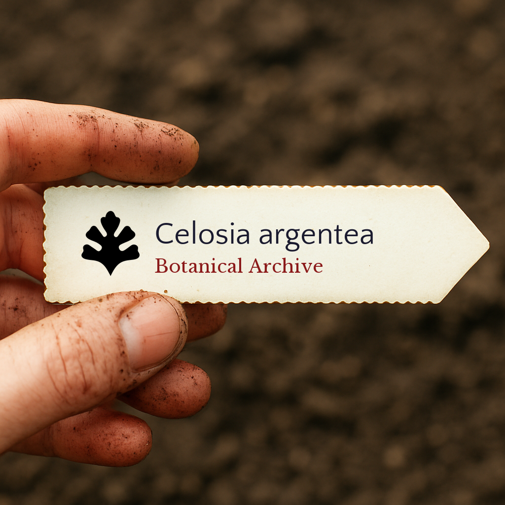 Printed plant label for Celosia argentea held by dirty hand over soil background