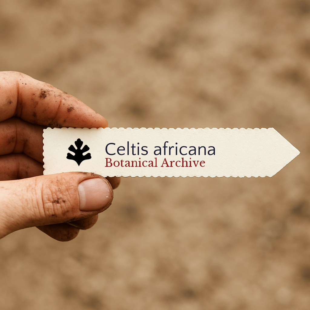 Printed plant label for Celtis africana held by hand with soil background