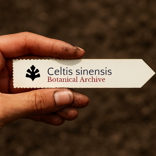 Etichetta stampata dell'archivio botanico per Celtis sinensis tenuta a mano con sfondo di terra
