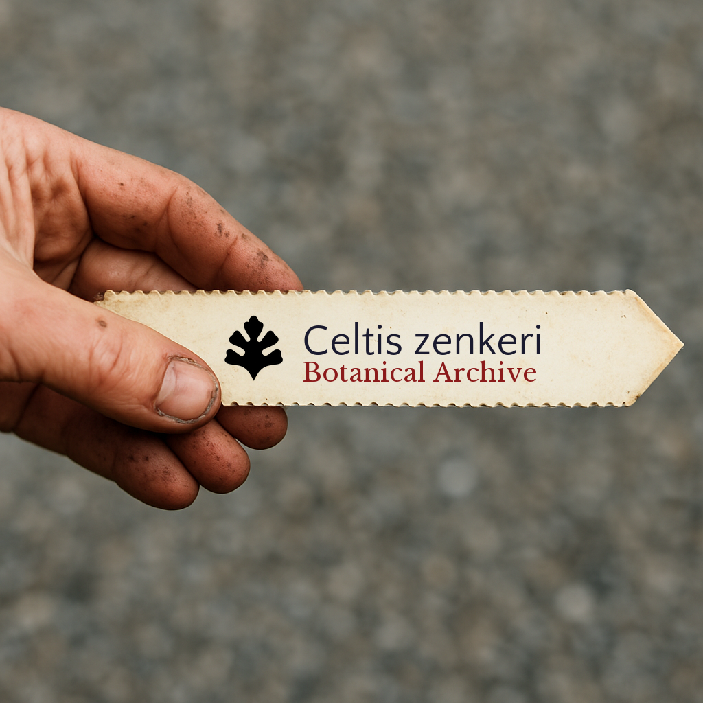 Printed plant label for Celtis zenkeri with botanical archive logo held in hand