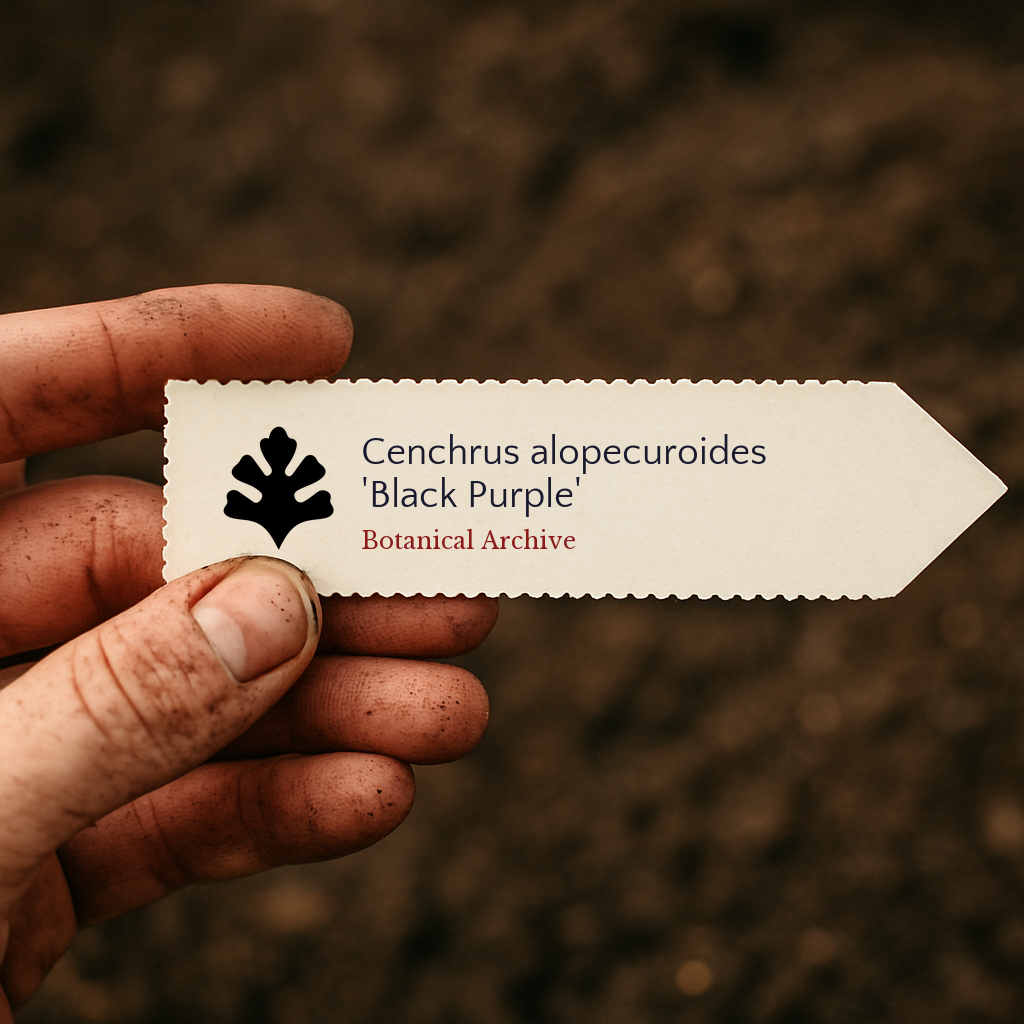 Printed plant label for Cenchrus alopecuroides 'Black Purple' held in dirty hand over soil