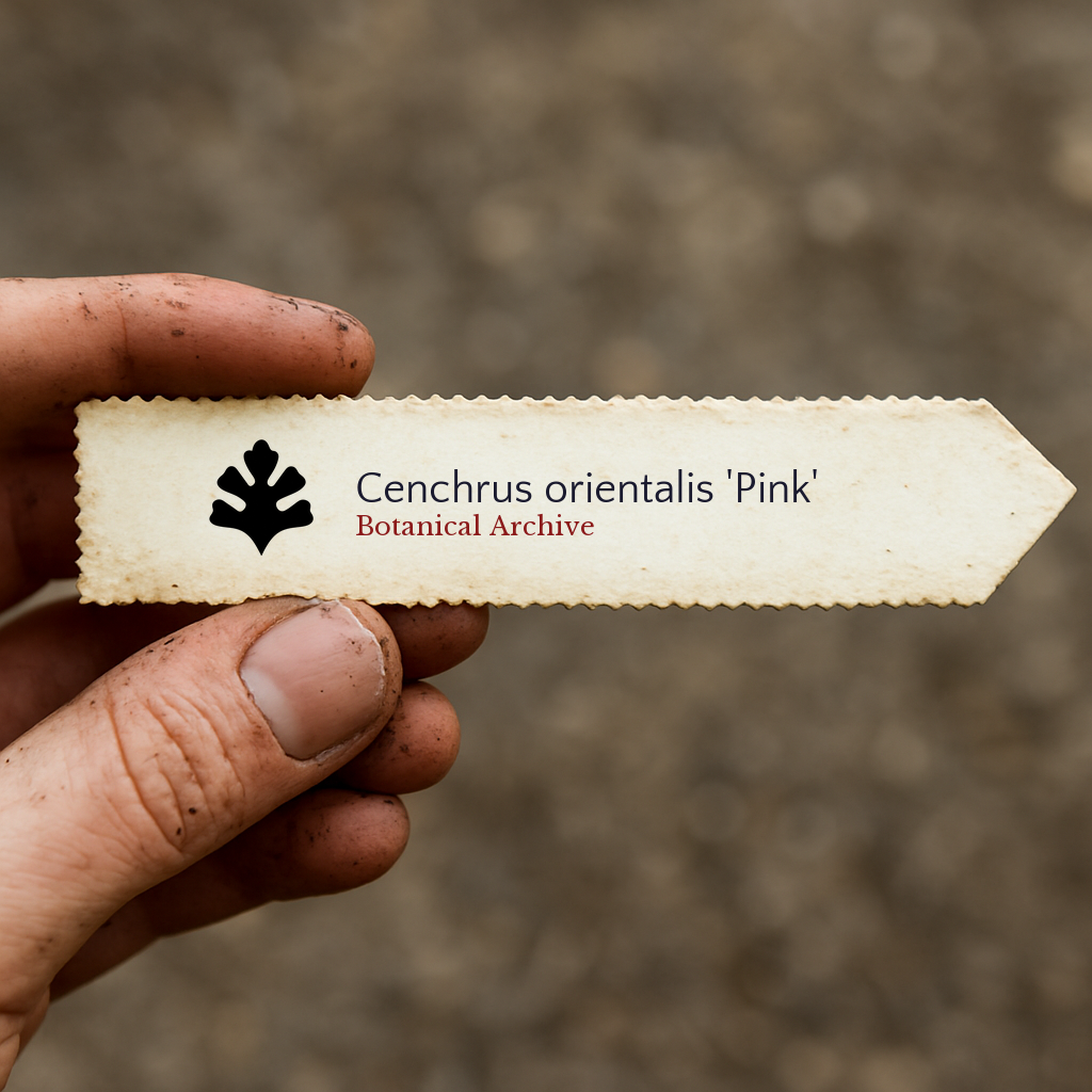 Printed plant label for Cenchrus orientalis 'Pink' held by dirty hand outdoors