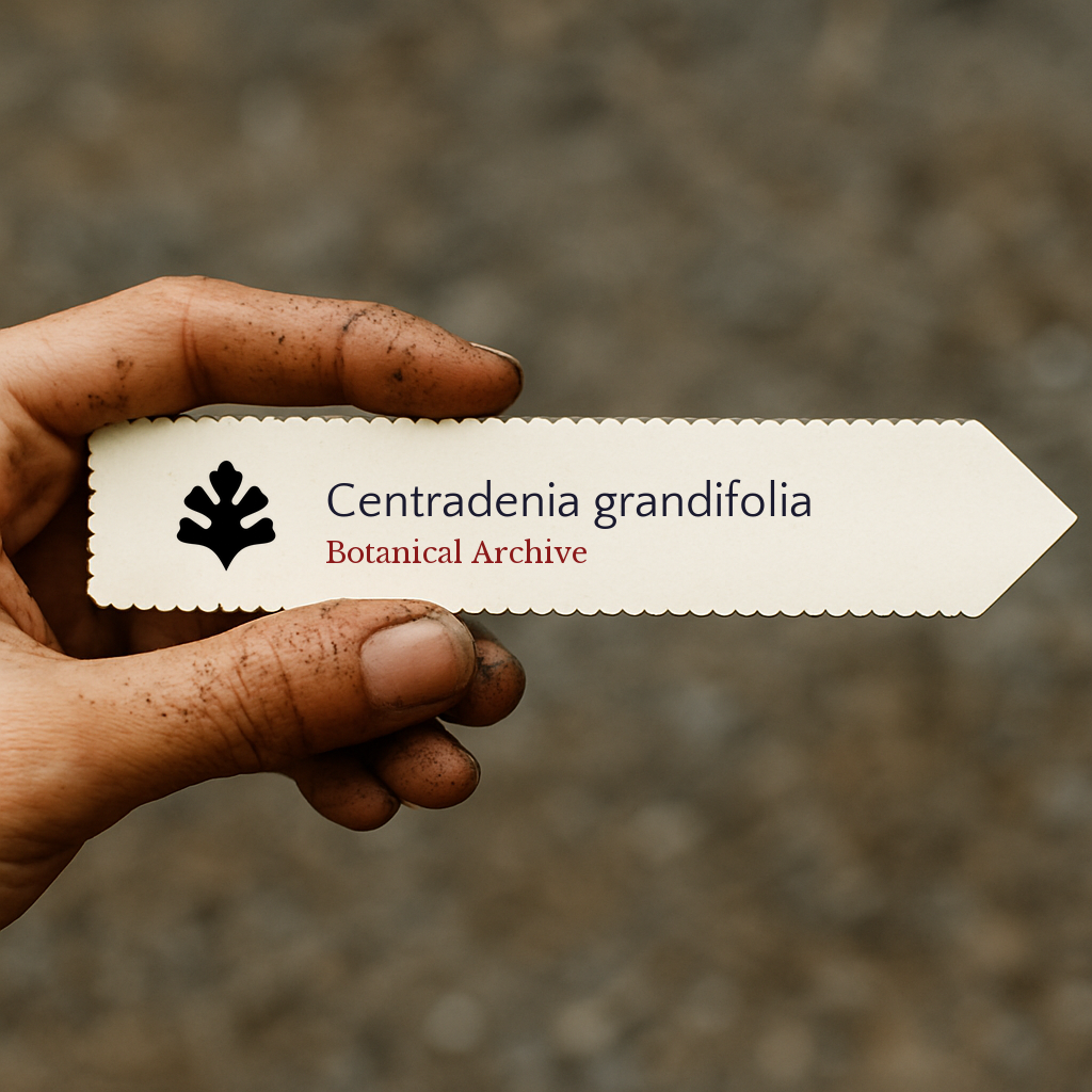 Etichetta per piante stampata per Centradenia grandifolia tenuta da una mano con dita macchiate di terra
