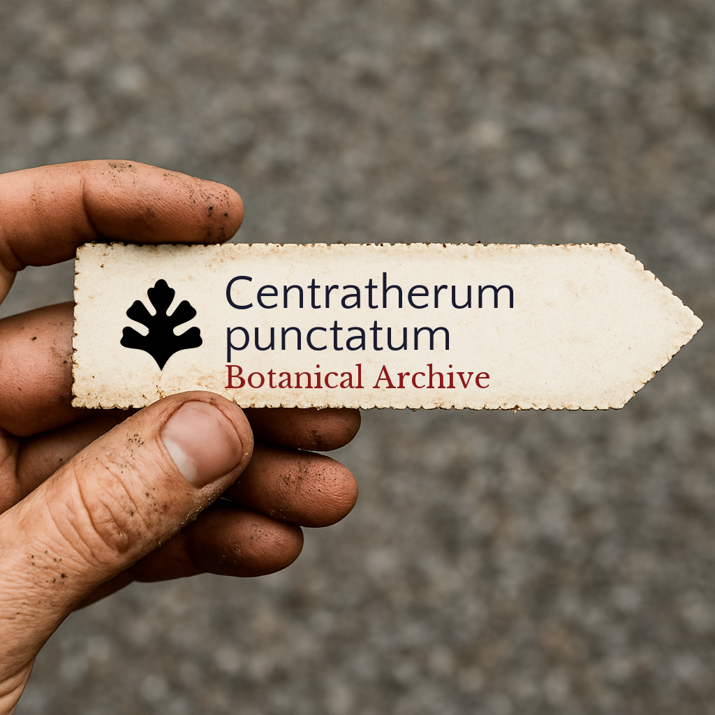 Etichetta per piante stampata per Centratherum punctatum tenuta da mano sporca su sfondo sfocato