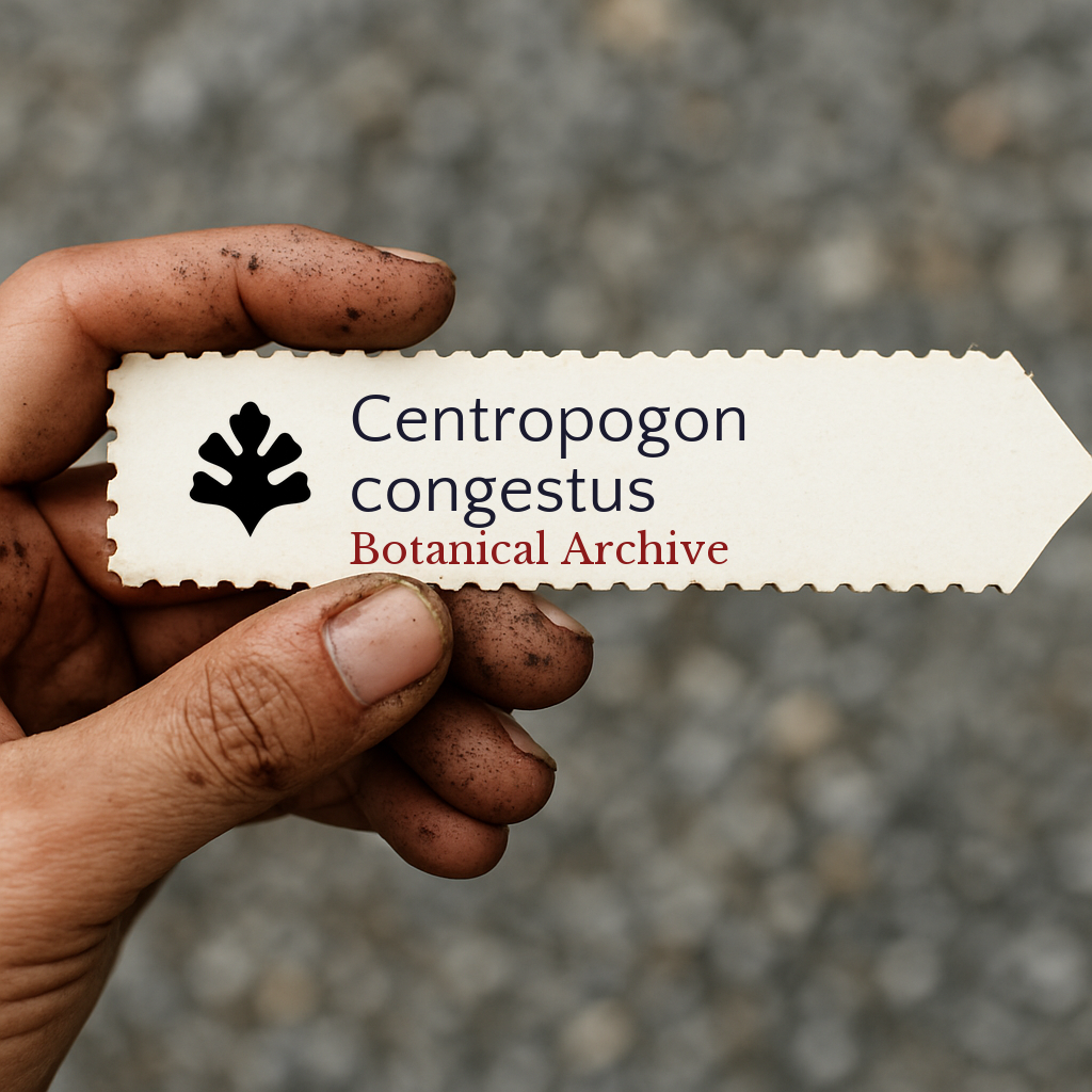 Printed plant label for Centropogon congestus held by dirty hand outdoors