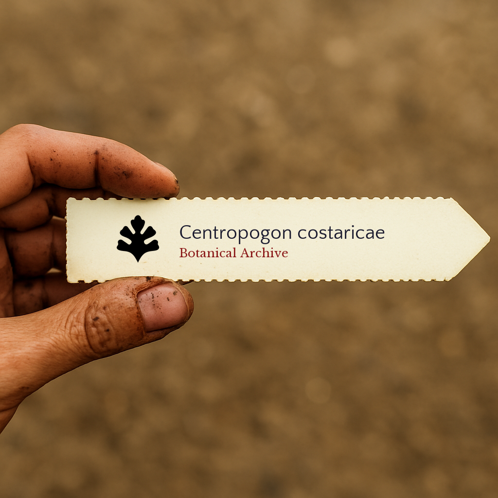 Etichetta stampata per pianta di Centropogon costaricae tenuta a mano con sfondo di terreno