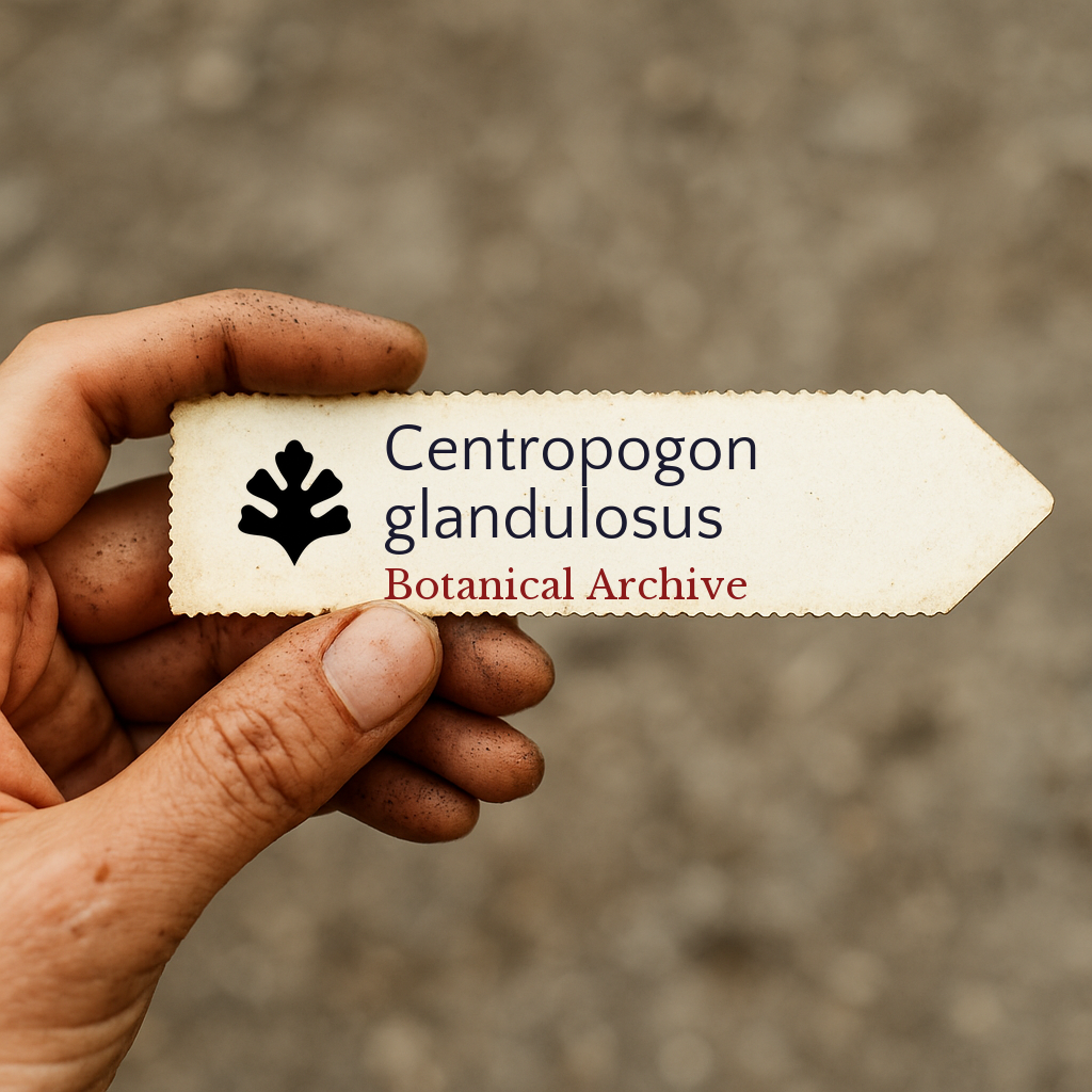 Handheld printed plant label for Centropogon glandulosus with botanical archive text