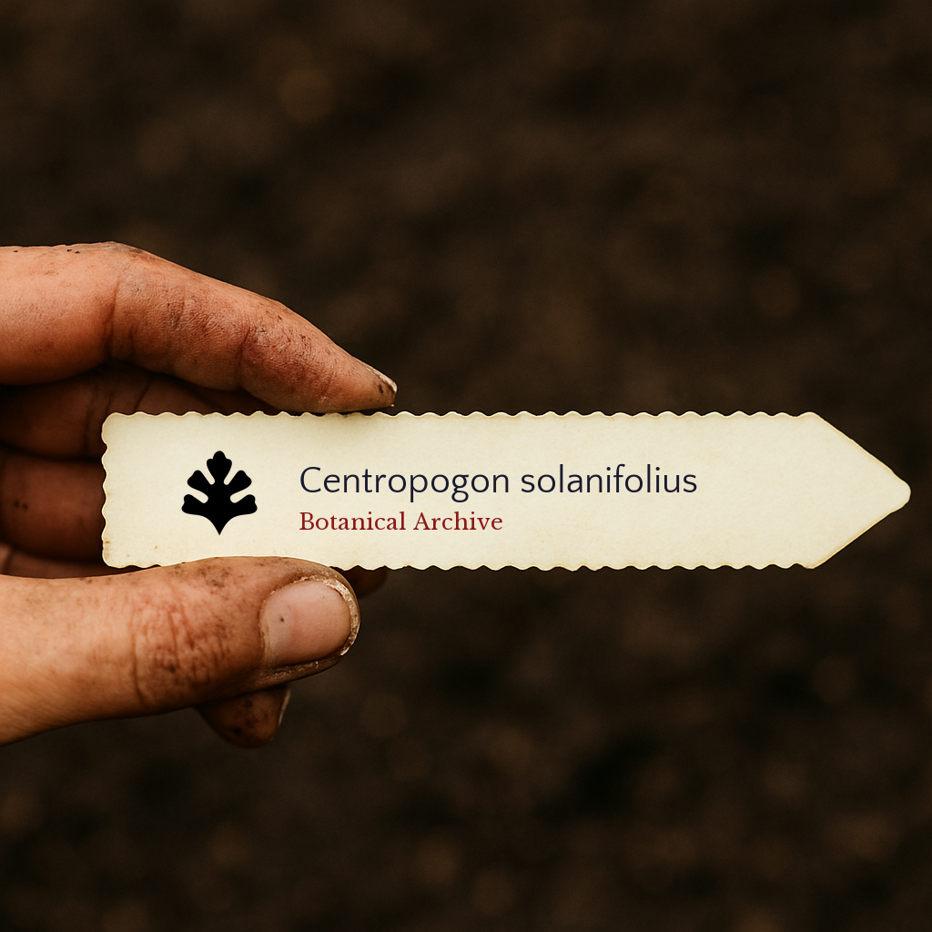 Etichetta per pianta stampata per Centropogon solanifolius tenuta da mano sporca contro sfondo di terreno