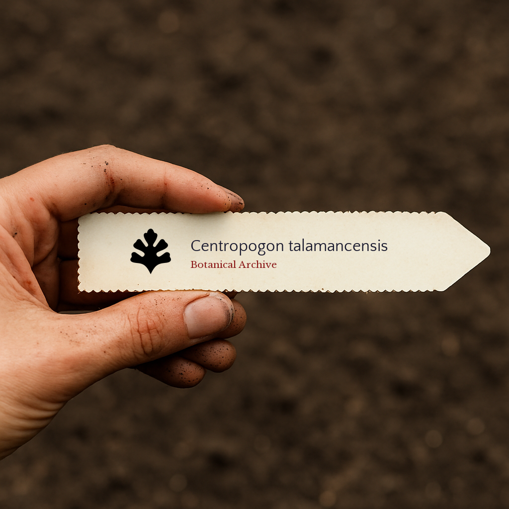 Printed plant label for Centropogon talamancensis held over soil background