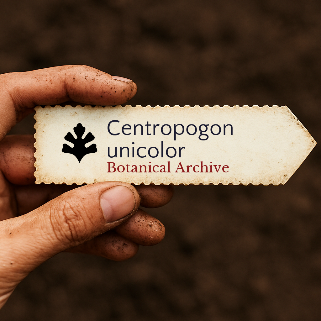 Printed plant label for Centropogon unicolor with botanical archive logo held by dirty hand