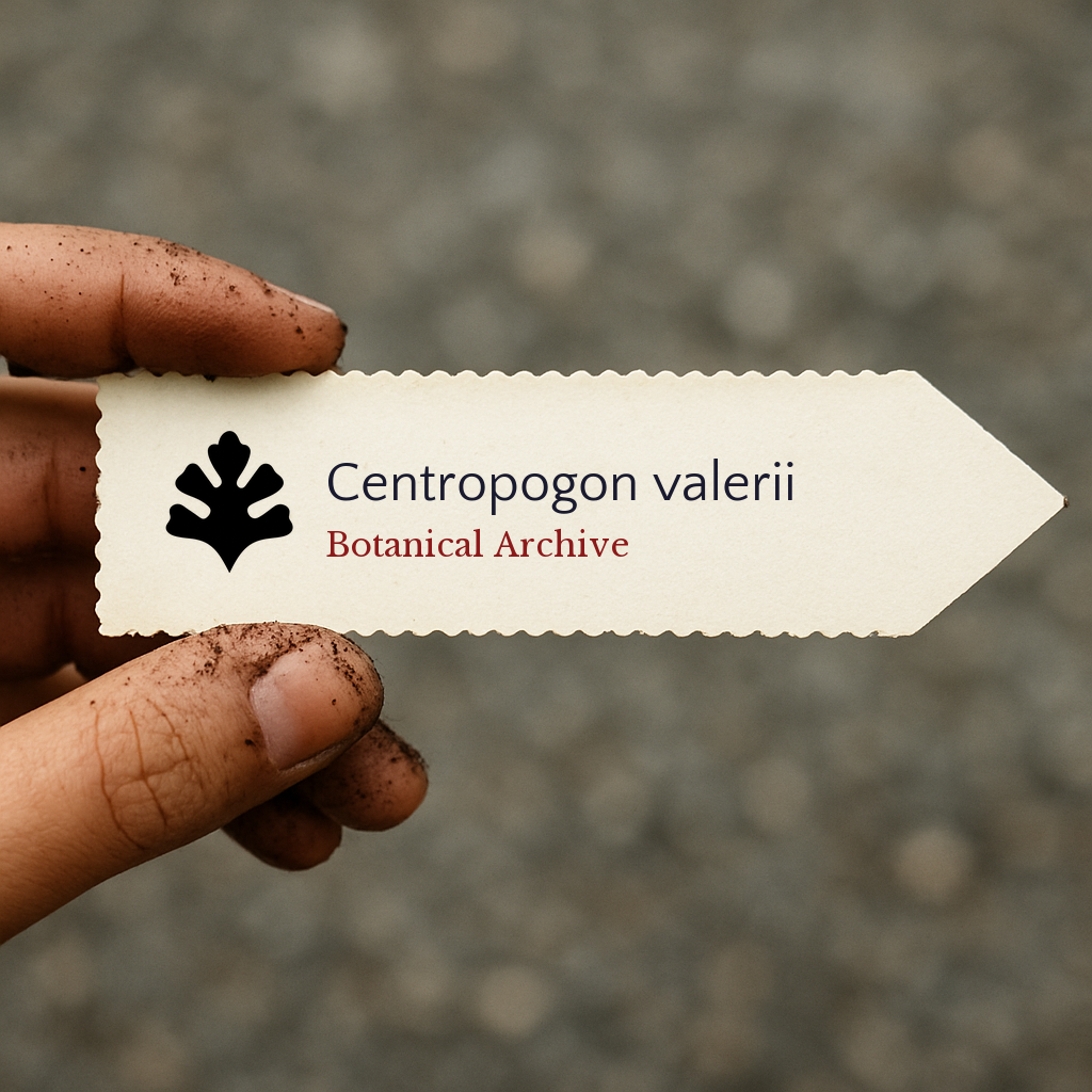 Etichetta stampata per pianta di Centropogon valerii tenuta da mano sporca all'aperto