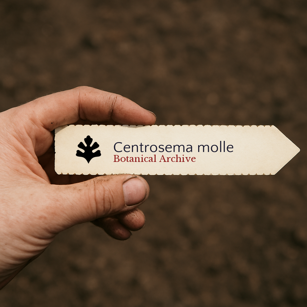 Etichetta per piante stampata per Centrosema molle tenuta a mano su sfondo di terra