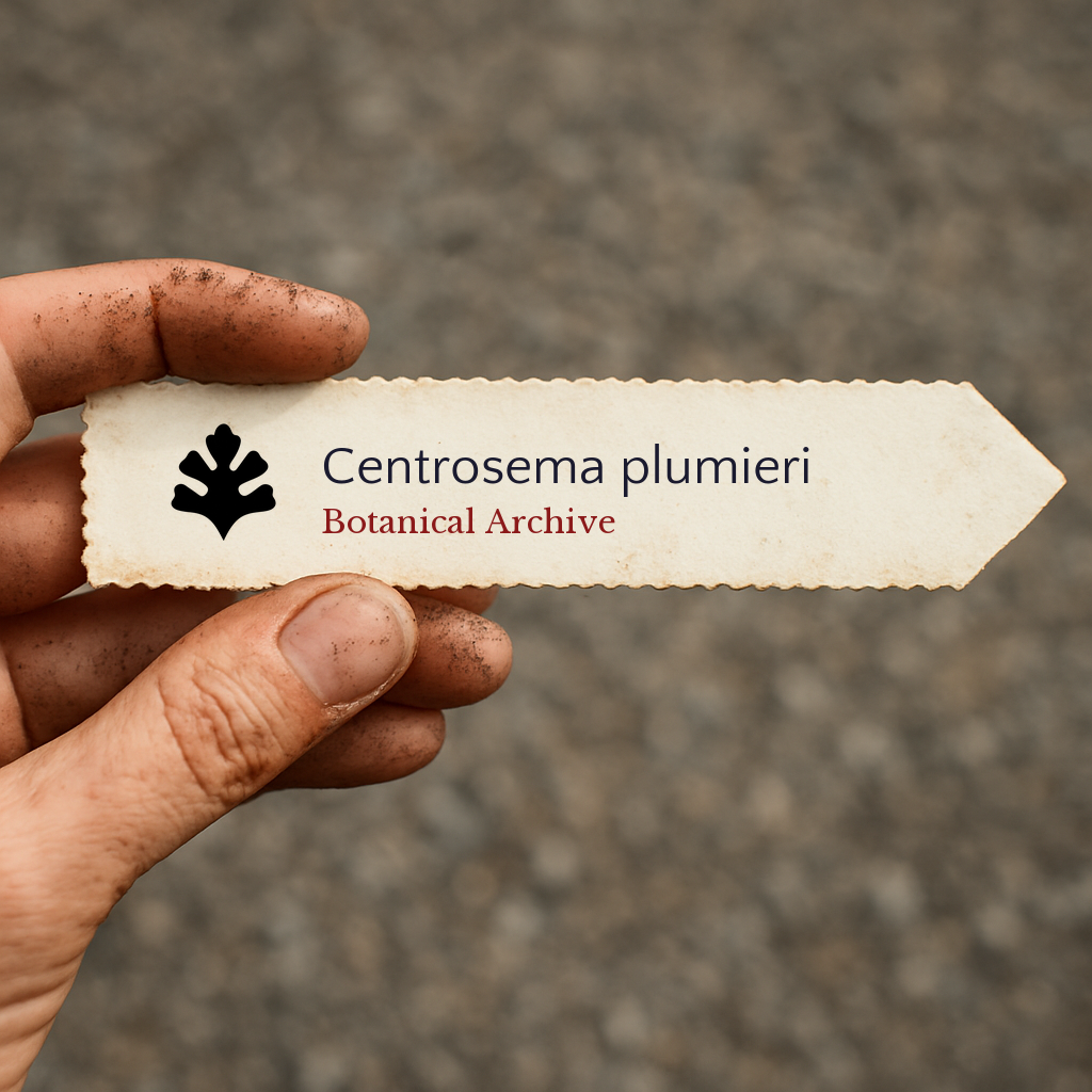 Printed plant label for Centrosema plumieri with botanical archive logo held by hand