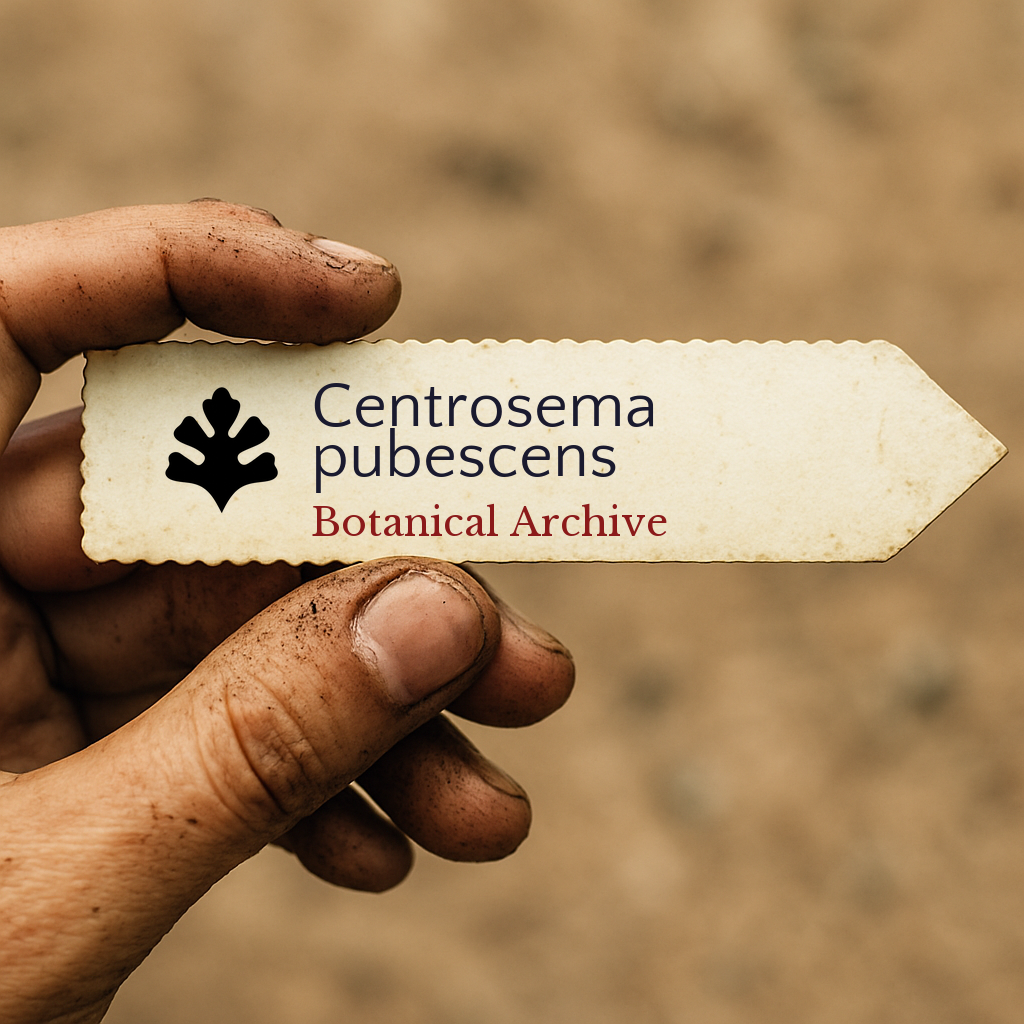 Etichetta stampata per la pianta Centrosema pubescens tenuta da una mano sporca con sfondo sfocato