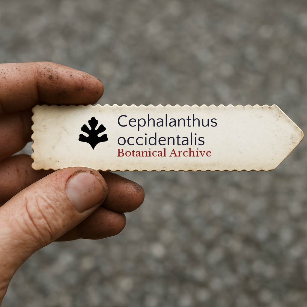 Printed plant label for Cephalanthus occidentalis held by dirty hand outdoors