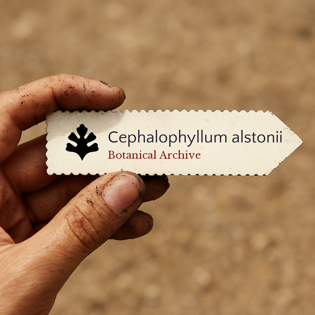 Etichetta per pianta stampata per Cephalophyllum alstonii tenuta da una mano sporca all'aperto