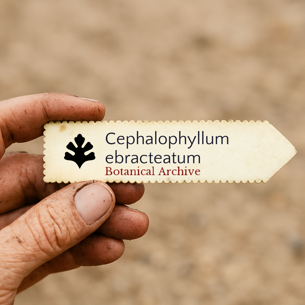 Etichetta della pianta stampata per Cephalophyllum ebracteatum tenuta da una mano sporca all'aperto