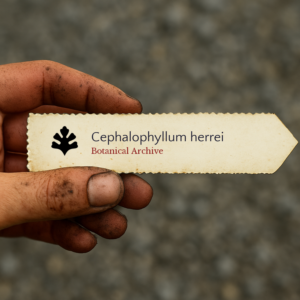 Etichetta stampata della pianta per Cephalophyllum herrei tenuta da una mano sporca all'aperto