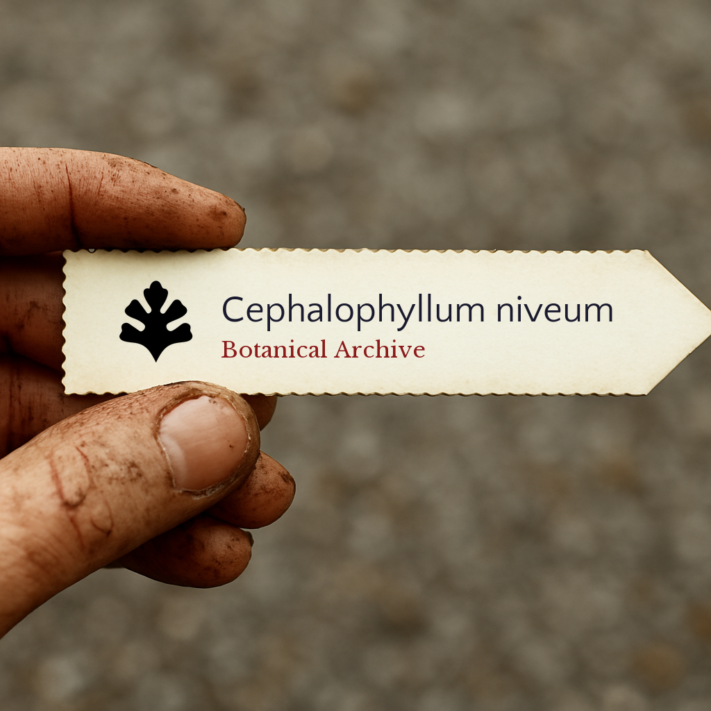 Printed plant label for Cephalophyllum niveum held by a dirty hand outdoors