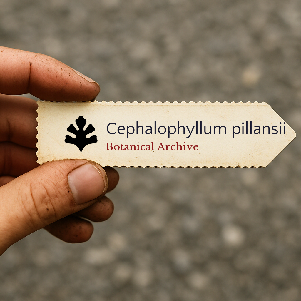 Printed plant label for Cephalophyllum pillansii with botanical archive logo held by hand
