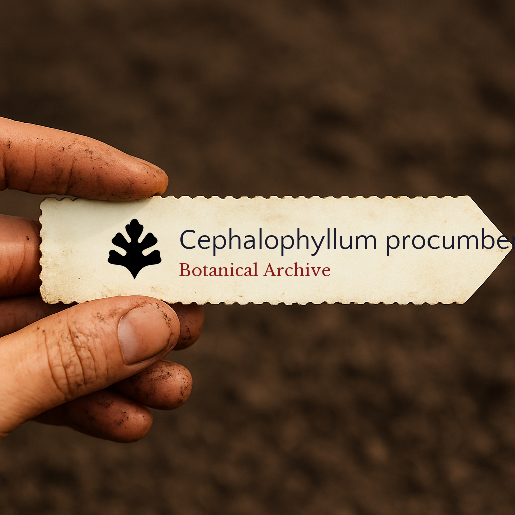 Etichetta per pianta stampata per Cephalophyllum procumbens tenuta da una mano sporca su sfondo di terreno