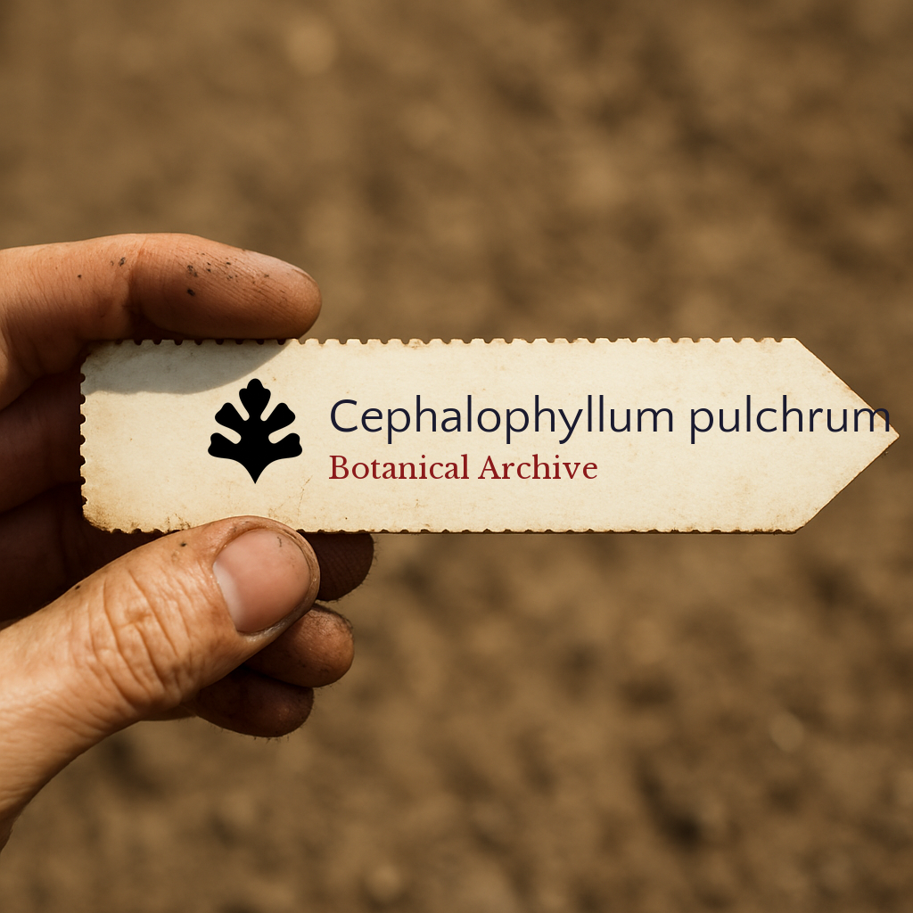 Printed plant label for Cephalophyllum pulchrum held by hand over soil background