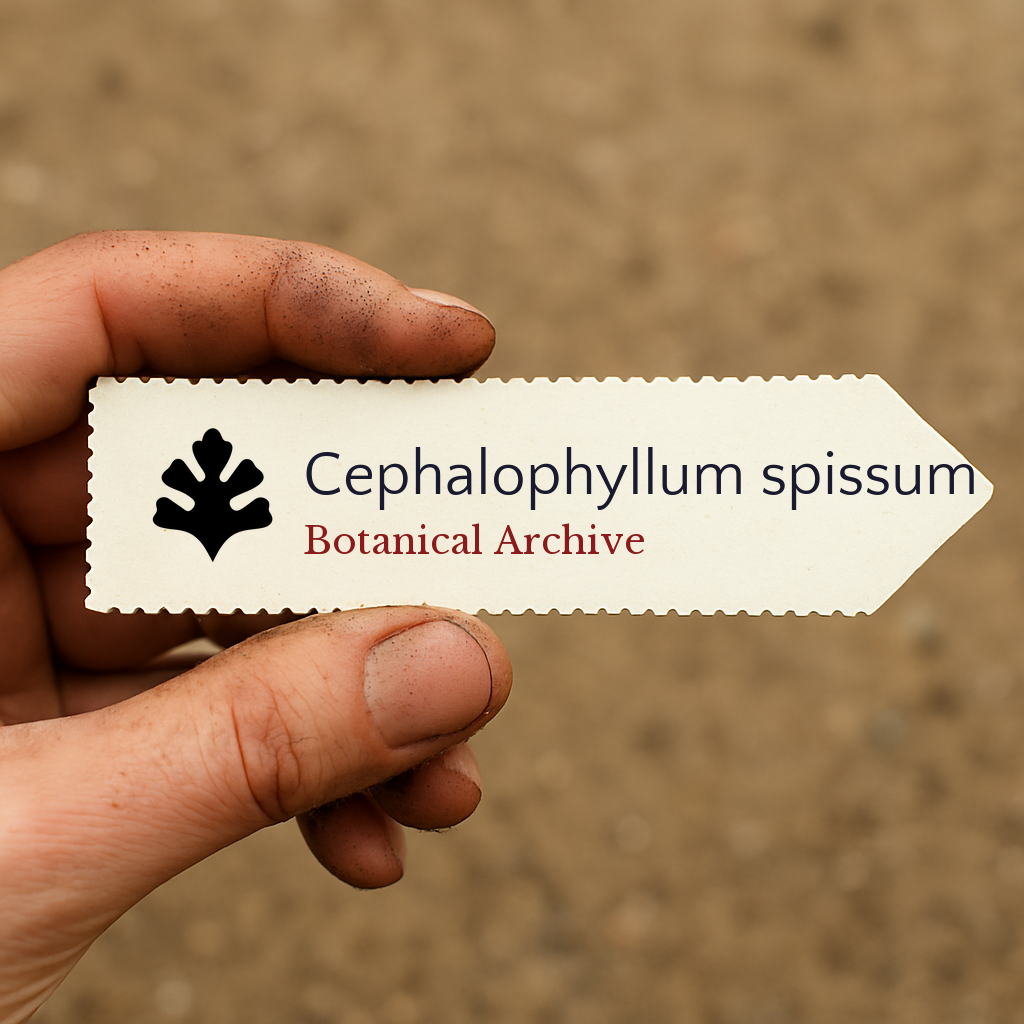 Printed plant label for Cephalophyllum spissum held by hand with soil background