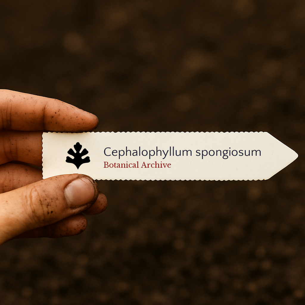 Printed plant label for Cephalophyllum spongiosum held over soil background