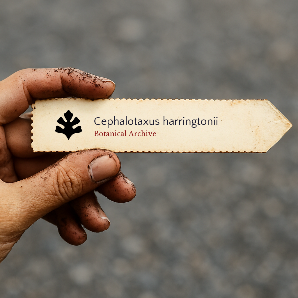 Printed plant label for Cephalotaxus harringtonii held by dirty hand outdoors