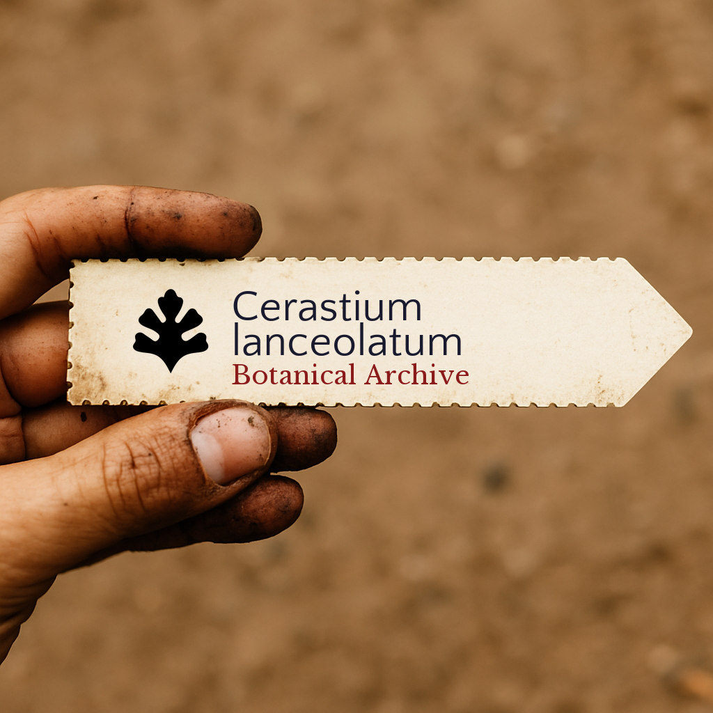 Cerastium lanceolatum botanical archive label held by dirty hand on soil background
