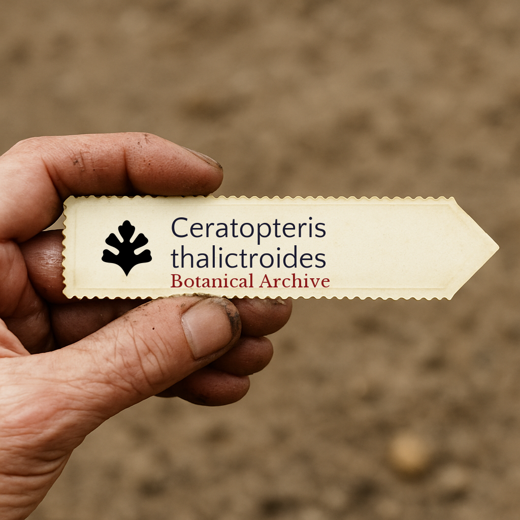 Printed plant label for Ceratopteris thalictroides held by hand with soil background
