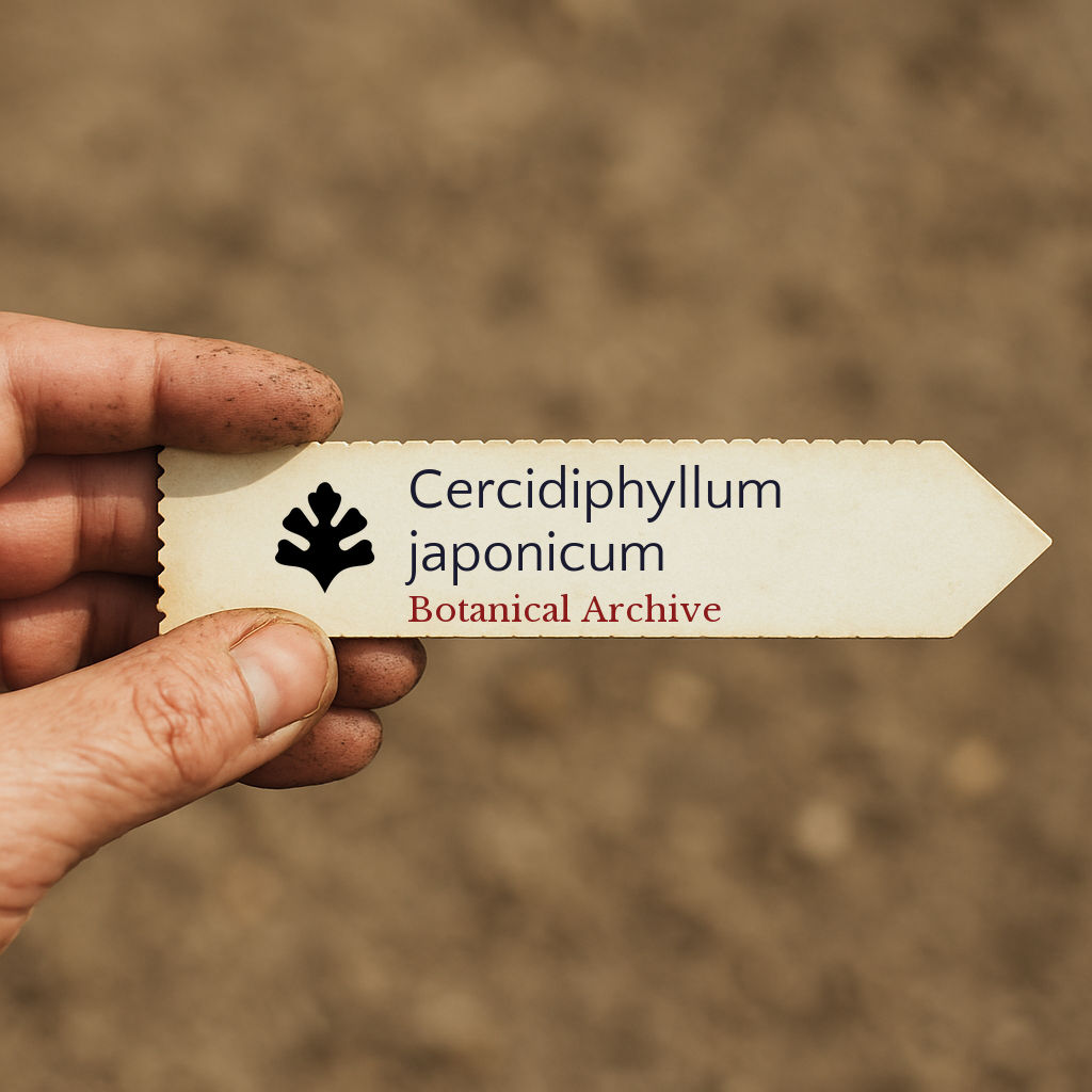 Etichetta per pianta stampata per Cercidiphyllum japonicum con logo Botanical Archive tenuta a mano