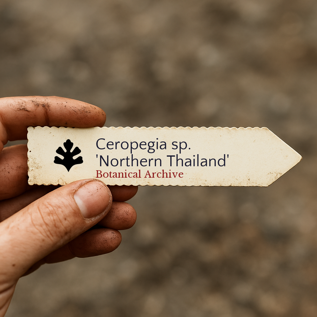 Etichetta stampata per pianta di Ceropegia sp. 'Northern Thailand' tenuta da mano sporca