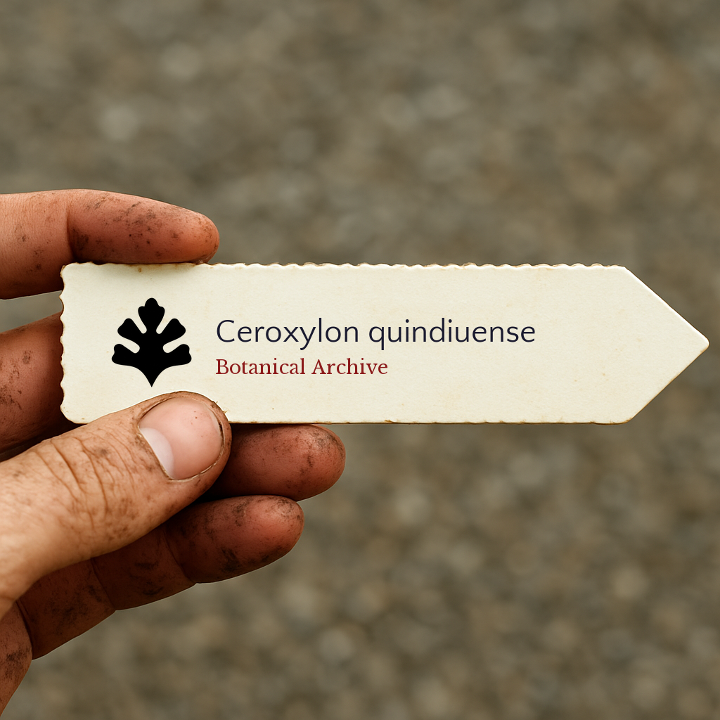 Printed plant label for Ceroxylon quindiuense held by dirty hand outdoors