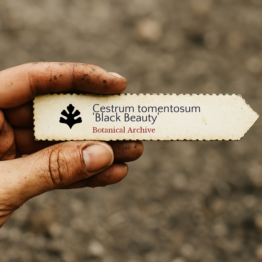 Printed plant label for Cestrum tomentosum 'Black Beauty' held by dirty hand outdoors