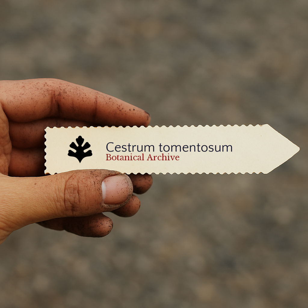 Printed plant label for Cestrum tomentosum with botanical archive logo held by dirty hand